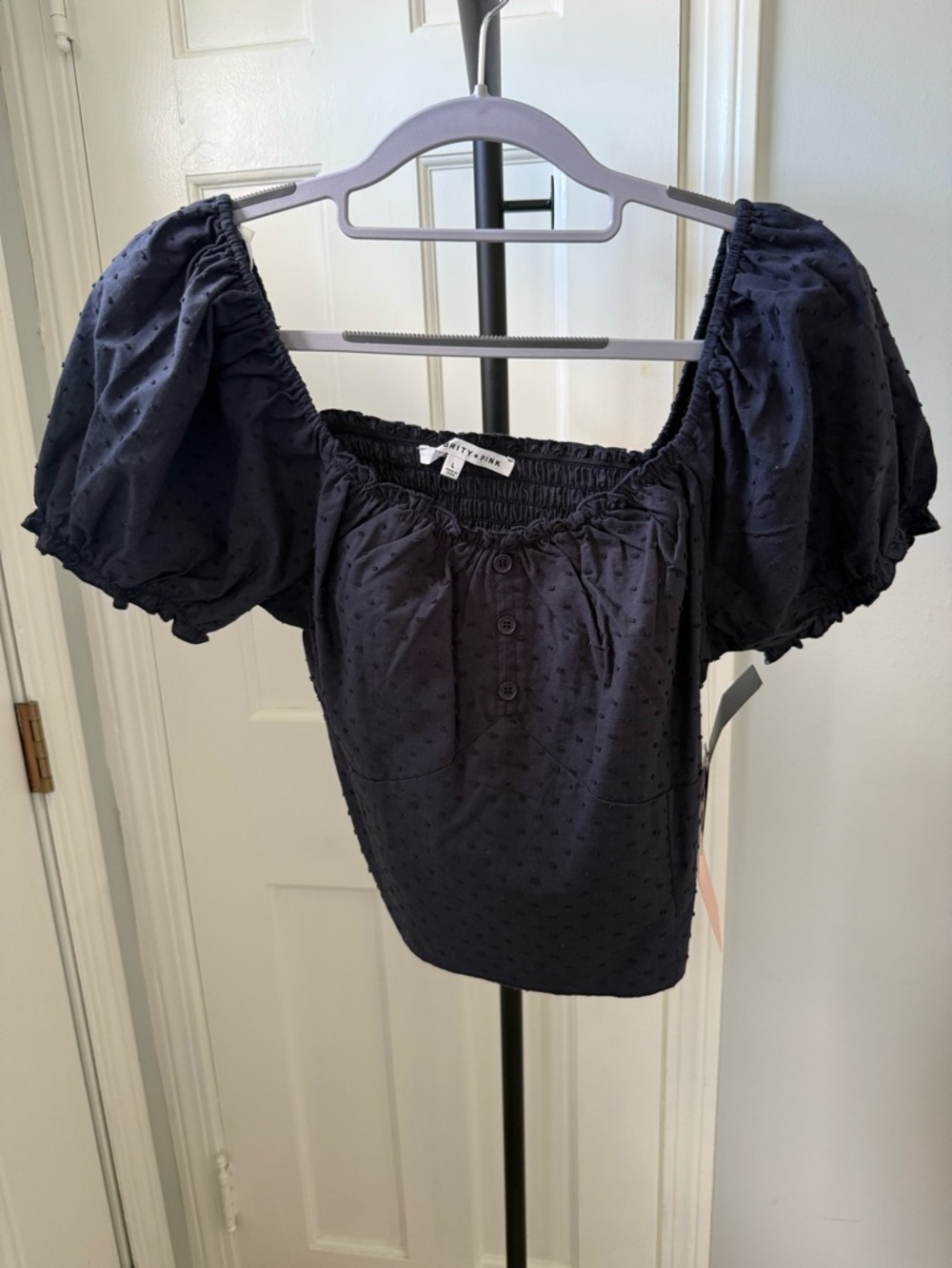 Celebrity Pink Navy Puff Sleeve Swiss Dot Peasant Top